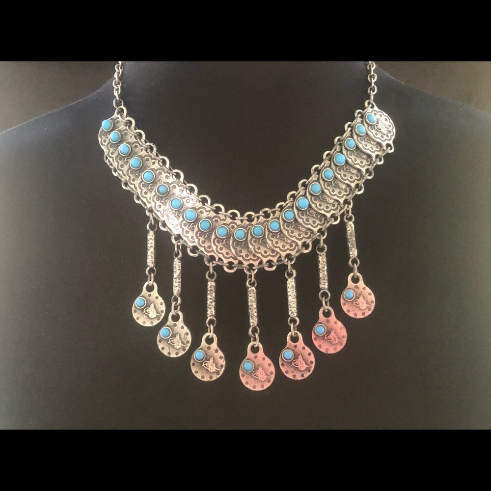 Boho Silver Tone Turquoise Coin Dangle Necklace